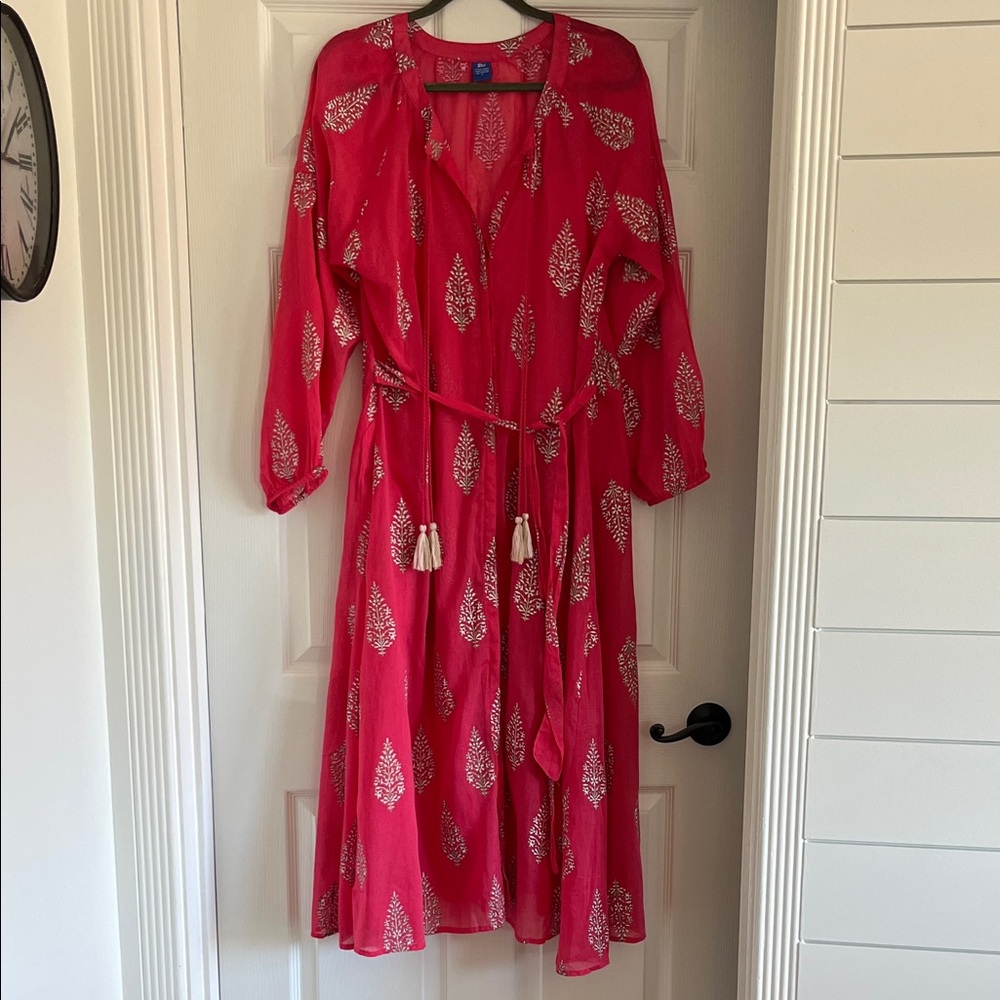 Raj Pink Long Sleeve Block Print Dress with Leaf Motif